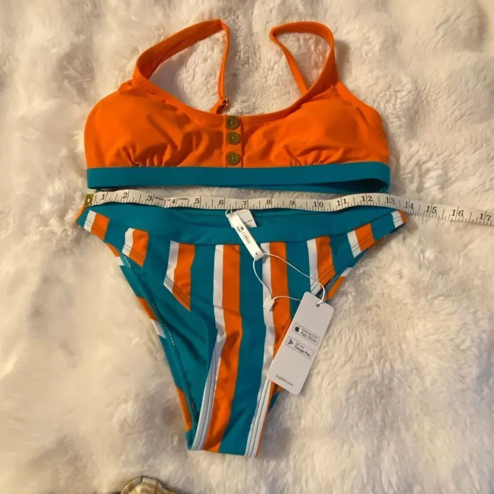Cupshe Orange and Teal Striped Two-Piece Bikini Sz Small